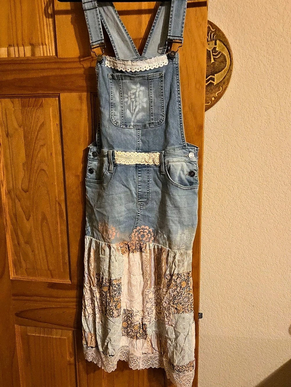 One Of A Kind Upcyled Denim Maxi Overall Dress in Blue, Peach & Cream Size M